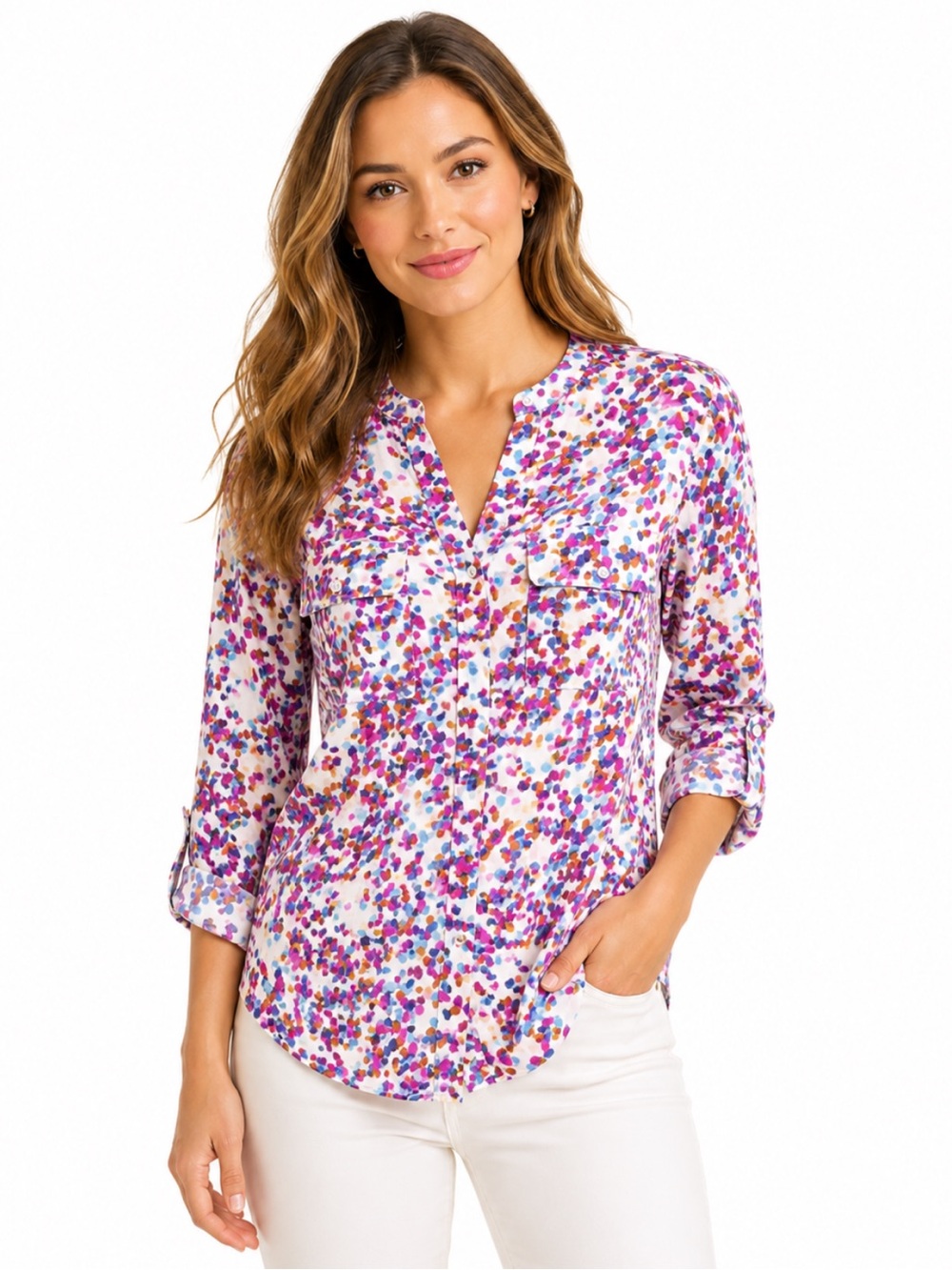 Ann Taylor LOFT Multicolor Button Down Roll Tab Top 100% Cotton — XS